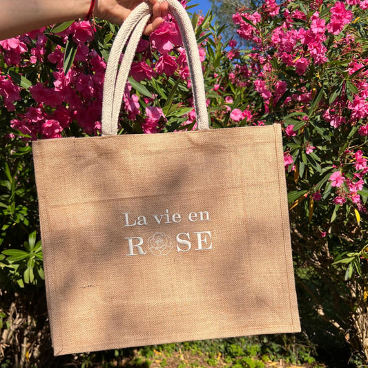 Sac de plage brodé : la vie en rose ( blanc )